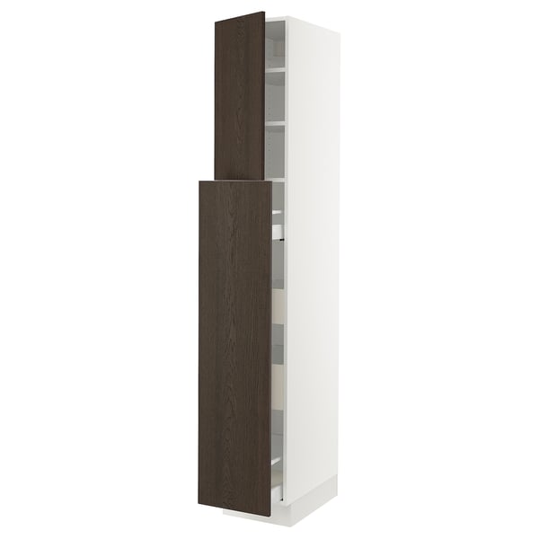 SEKTION kitchen cabinet. Tall, white with dark brown wood doors. Adjustable shelves, sleek design.
