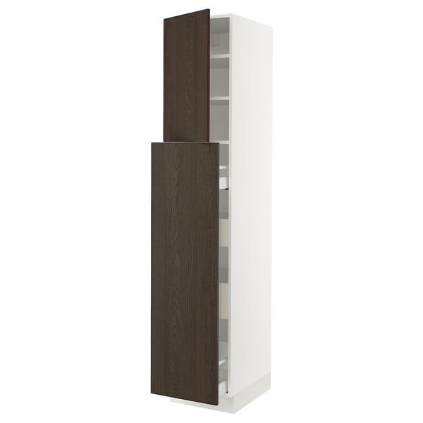 Kitchen cabinet: white with brown doors, adjustable shelves, left/right open.