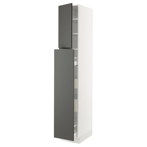 Modern tall white cabinet with dark grey doors, sleek design, storage shelves, integrated handles.