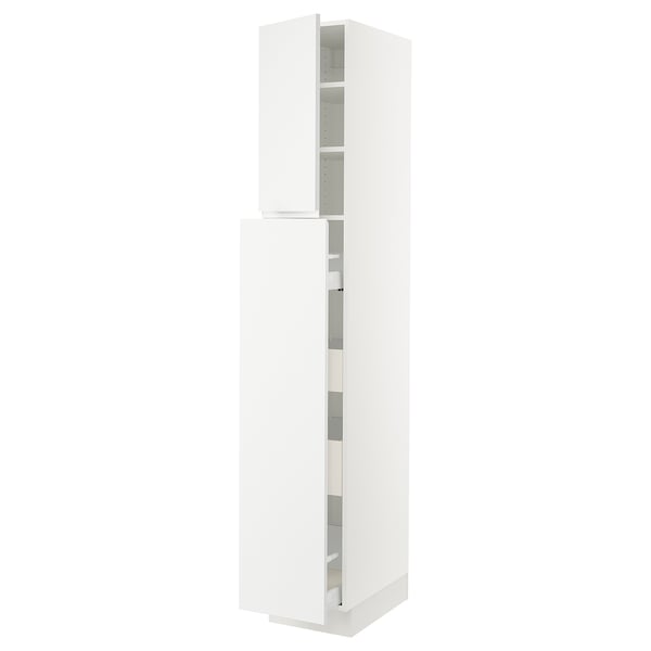 A white SEKTION kitchen cabinet with adjustable shelves and integrated handles. It has a sleek, modern design.