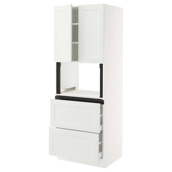 White kitchen cabinet set, with four drawers at bottom, two doors at top, sleek modern design, made from recycled plastics.