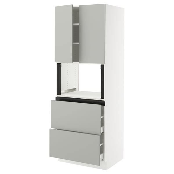 SEKTION kitchen unit, light grey, modern design, mixed materials, tall cabinet with drawers and doors.