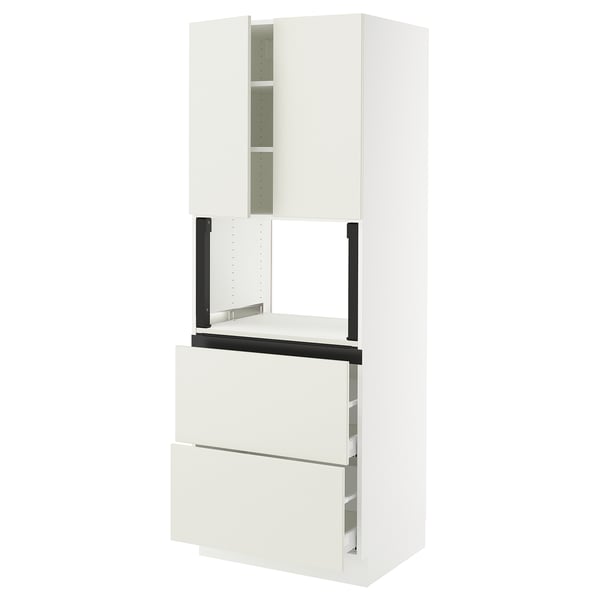 A white SEKTION kitchen cabinet with drawers and shelves. It has a sleek, modern design.