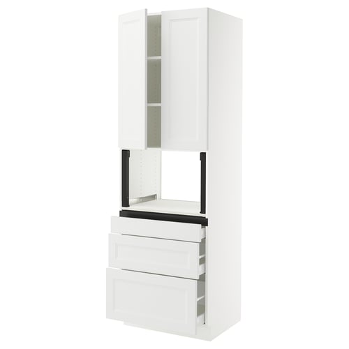 Displays a white SEKTION kitchen storage unit with a modern design, featuring upper cabinets and multiple drawers.