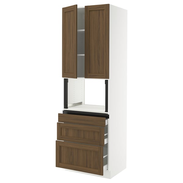 Kitchen unit: SEKTION with walnut-colored drawers & doors, white frame, tall & narrow shape, wooden texture.