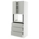 Modern white kitchen unit with grey drawers and cabinet.