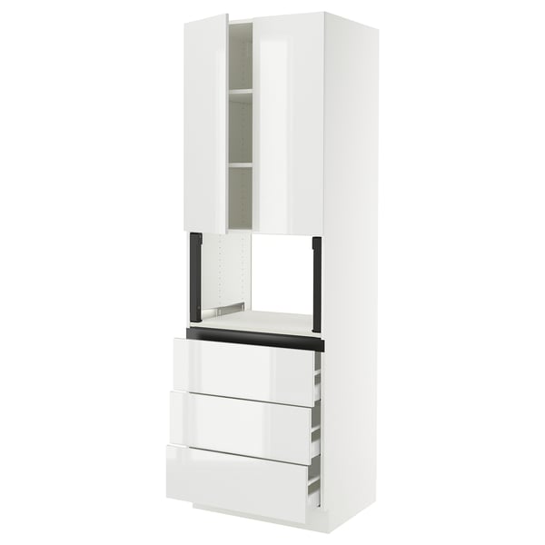 SEKTION modern white kitchen unit, glossy finish, featuring cabinets, shelves, and drawers.
