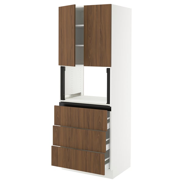 SEKTION kitchen unit, walnut-brown, white, rectangular with drawers and shelves.