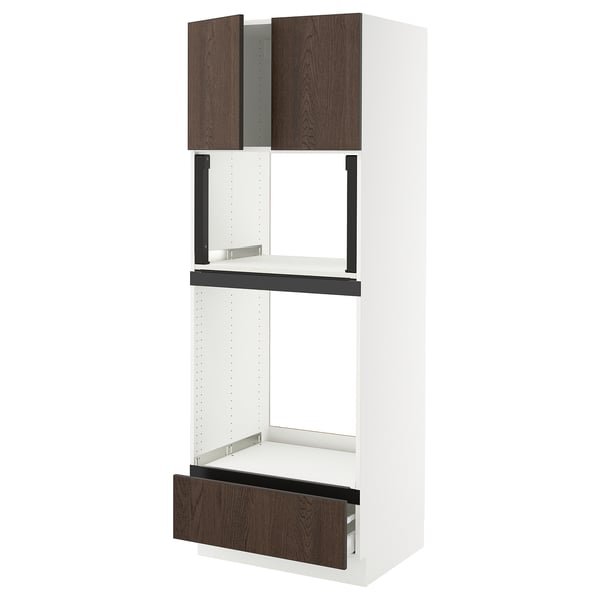 Ikea SEKTION kitchen unit, white and dark brown, with adjustable shelves and drawer.