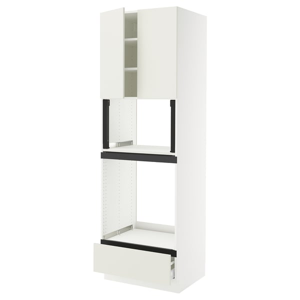 Modern white kitchen cabinet with drawers and shelves.