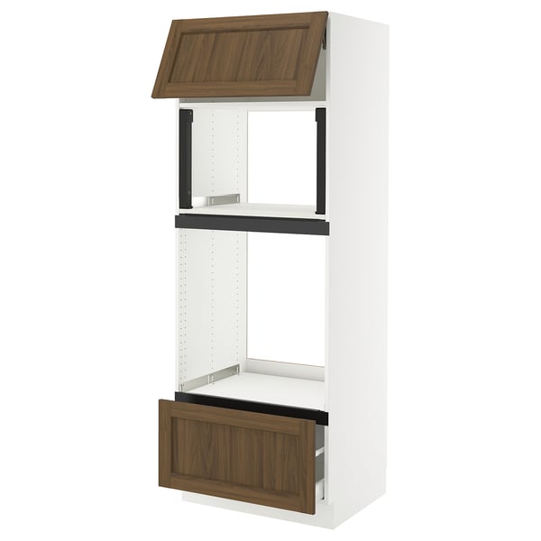 SEKTION kitchen unit in white with walnut-like drawer and door. Two open spaces and metal supports.
