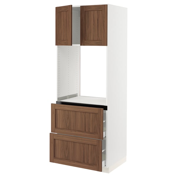 SEKTION kitchen unit, white & walnut, tall with drawers & shelves.