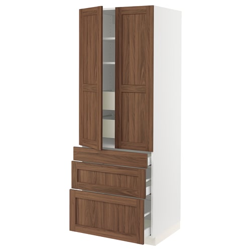 SEKTION kitchen cabinet in white and walnut. Two open doors, two full-extension drawers, and adjustable shelves.