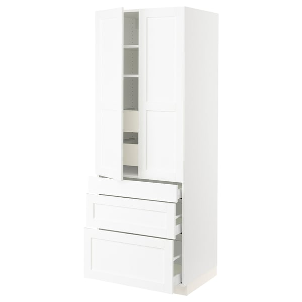 White ikea SEKTION kitchen cabinet with drawers and shelves.
