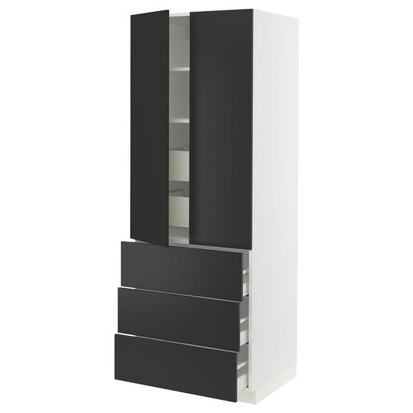Modern black kitchen cabinet with three drawers and one open door.