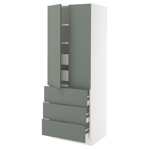 Ikea SEKTION kitchen cabinet in grey-green with drawers and shelves.