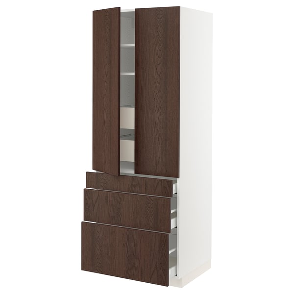 Dark brown oak-veneer drawers and doors with white cabinet, modern kitchen storage unit.