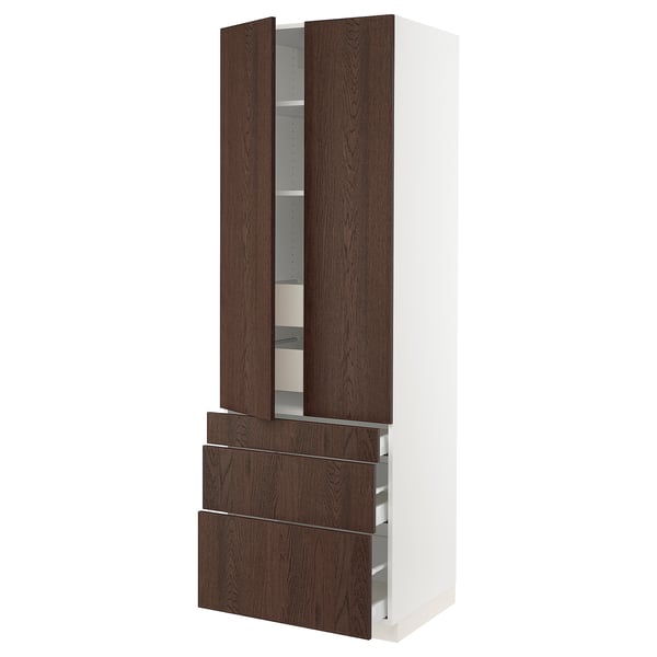 SEKTION kitchen unit, dark brown wood, white frame, tall with shelves & drawers, modern design.