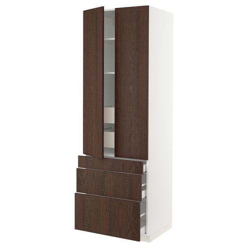 SEKTION kitchen unit, dark brown wood, white frame, tall with shelves & drawers, modern design.