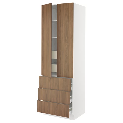 Modern kitchen cabinet with sleek walnut-finished wood doors, white frame, and three drawers.