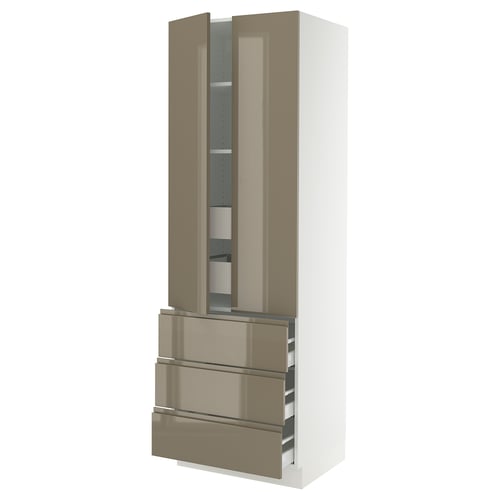 Ikea SEKTION high gloss dark grey-brown kitchen unit with drawers and shelves.