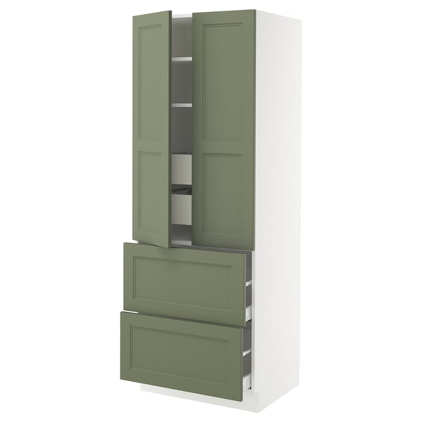 Green cabinet with pullout shelves and drawers.