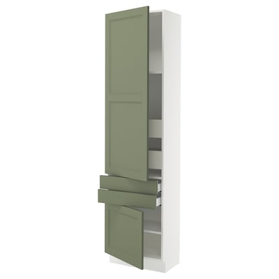 Green kitchen cabinet with doors & drawers, tall & narrow, modern style.