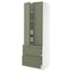 Green kitchen cabinet with drawers, adjustable shelves, and dampening hinges.