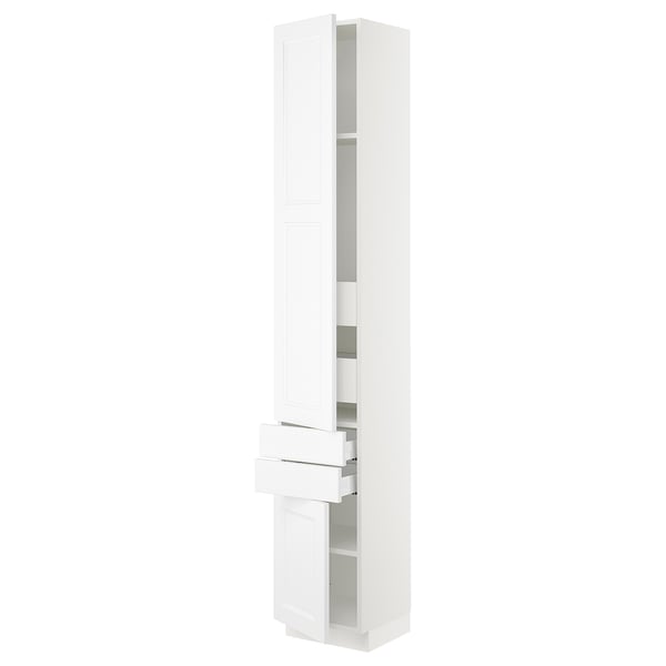 This image displays a white SEKTION tall kitchen cabinet with a modern design, featuring adjustable shelves and a push-to-open mechanism.