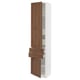 Modern white cabinet with walnut doors and drawers, adjustable shelves.