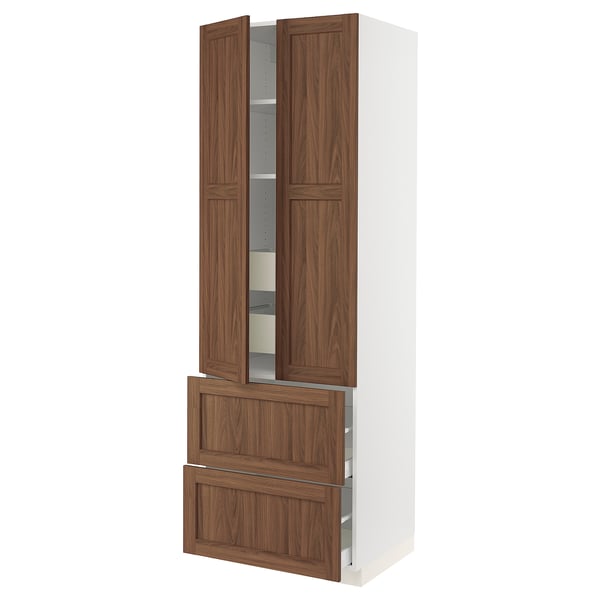 Wooden kitchen cabinet, light brown. Tall unit with open doors, shelves inside, white sides.