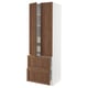 Wooden kitchen cabinet, light brown. Tall unit with open doors, shelves inside, white sides.