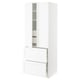 A white SEKTION tall kitchen cabinet with one open door, featuring shelves inside.
