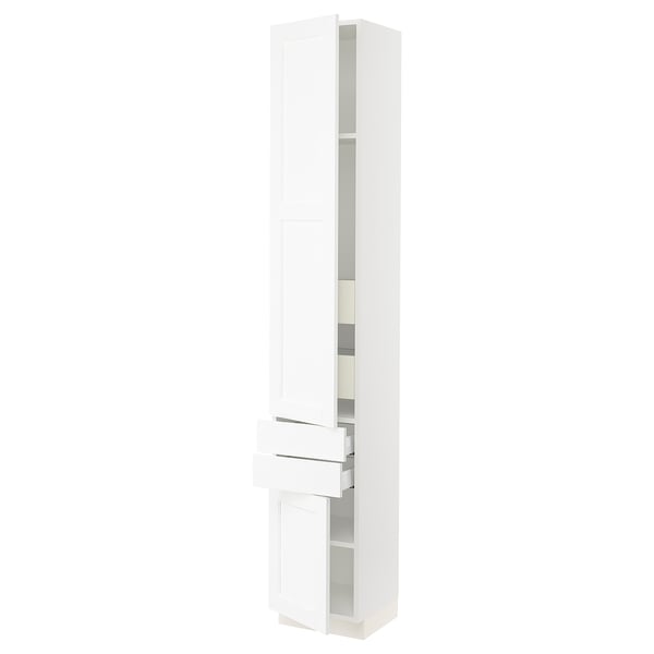 A white SEKTION tall kitchen cabinet with a sleek, modern design. It multiple storage sections including shelves and drawers.