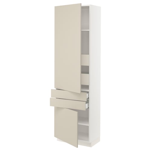 Modern white-beige cabinet with three open sections and drawers.