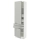Modern light grey kitchen cabinet with adjustable shelves and soft-close hinges. Tall, rectangular, sleek design.