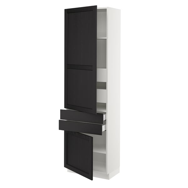 An open, tall white cabinet with black doors and drawers. It has a modern, minimalist design with multiple shelves inside.
