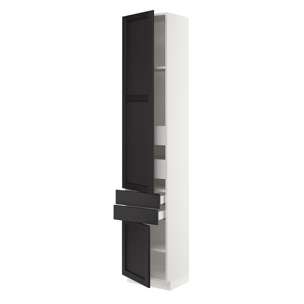Displays a white SEKTION kitchen cabinet with black stained lerhyttan doors. It adjustable shelves and a drawer with steel runners.