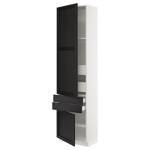 A SEKTION kitchen cabinet. Its tall and white with dark-stained wood accents. It has adjustable shelves and drawers.