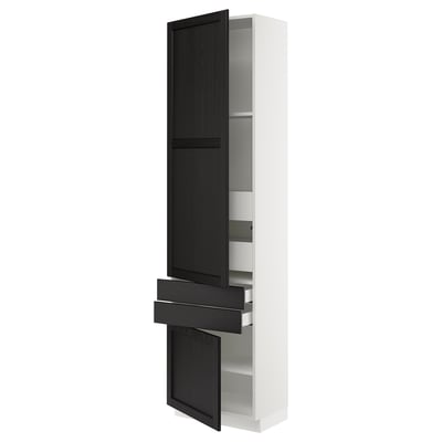 A SEKTION kitchen cabinet. Its tall and white with dark-stained wood accents. It has adjustable shelves and drawers.