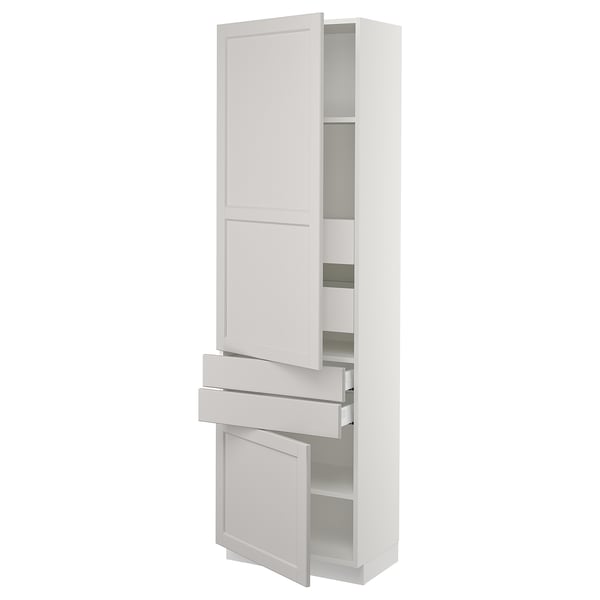 White SEKTION kitchen cabinet with grey fronts, doors, and drawers for ample storage.