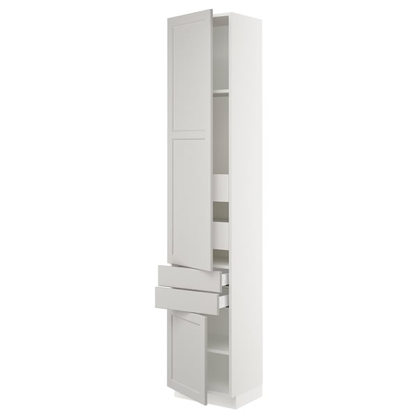 White SEKTION kitchen cabinet with shelves and drawers.