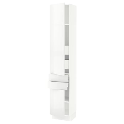 A modern, tall, white ikea SEKTION kitchen cabinet with high-gloss, white ringhult doors, featuring adjustable shelves and a sleek, clean design.