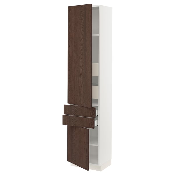 A tall SEKTION kitchen cabinet with dark brown sinarp wood doors, white frame, and adjustable shelves.