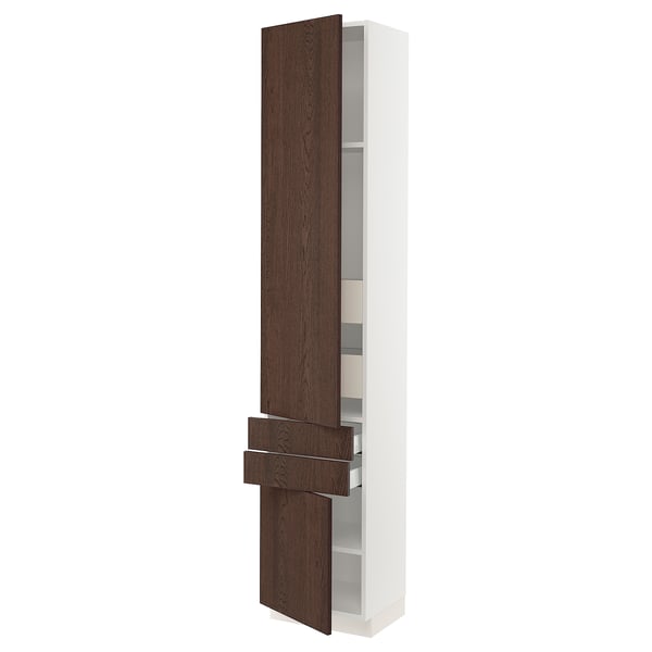 Modern tall white cabinet with dark brown wooden doors. Adjustable shelves and a sleek handle design.