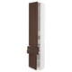 Modern tall white cabinet with dark brown wooden doors. Adjustable shelves and a sleek handle design.