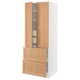 Wooden kitchen cabinet with two open doors and drawers in natural oak finish, part of SEKTION system with oak veneer and adjustable shelves.