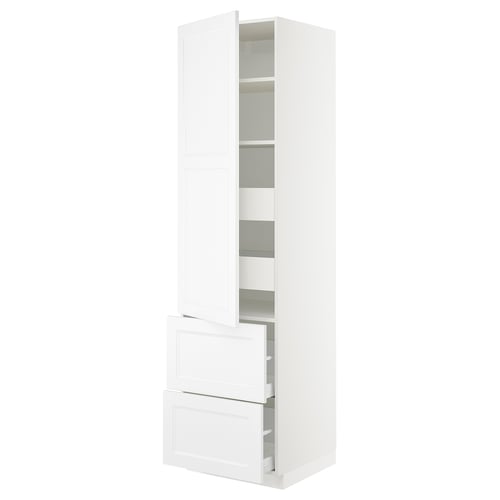 White SEKTION kitchen cabinet. Tall unit with three shelves, two adjustable and one fixed. Two open, half-width drawers. Modern, minimalist design.