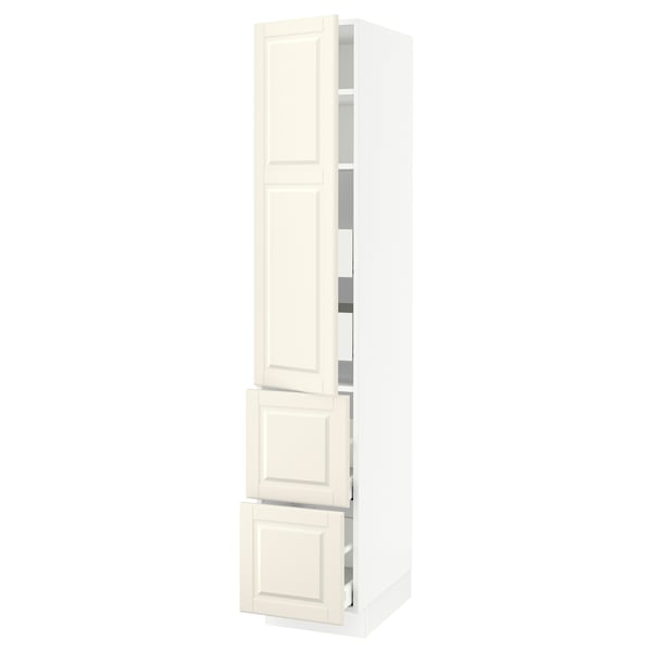 Off-white SEKTION kitchen cabinet with adjustable shelves and bevelled doors, standing tall.