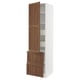 An open, tall white kitchen cabinet with wooden doors, shelves, and drawers. It adjustable shelves and drawers with a classy wooden finish.